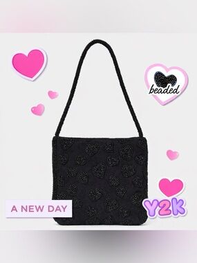 A New Day Black Beaded Heart Shoulder Bag Small Purse Y2K NWT Cute